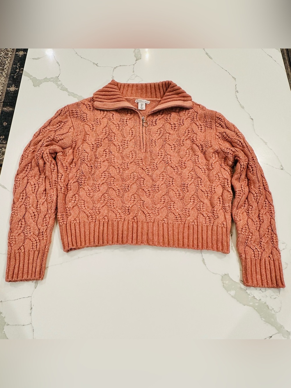 Sincerely Jules Cable Knit Half Zip Sweater L Peach Pink Coral Cropped Chunky
